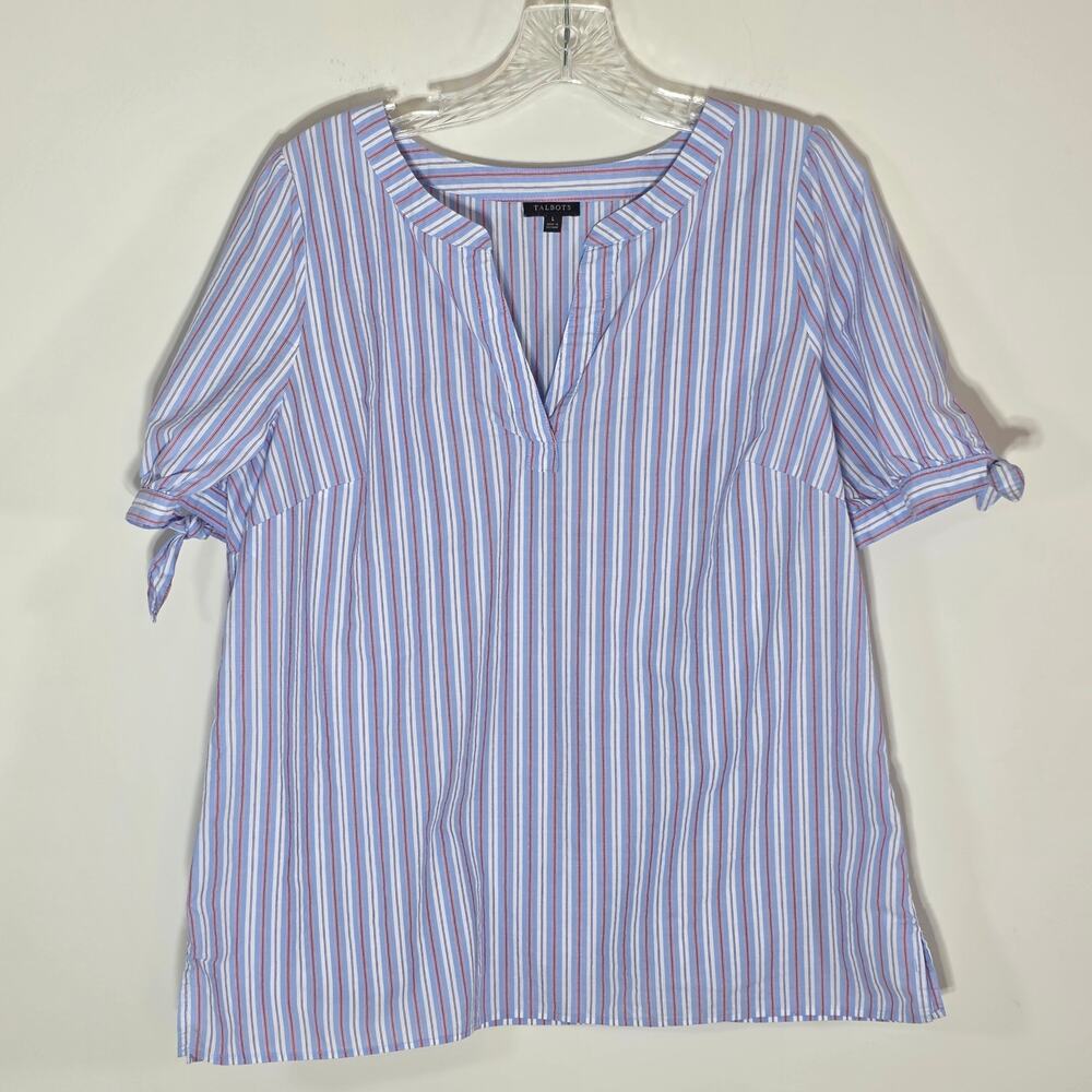Talbots Womens Blue Striped V-Neck Top Large Short Sleeve Sleeve Tie Detail